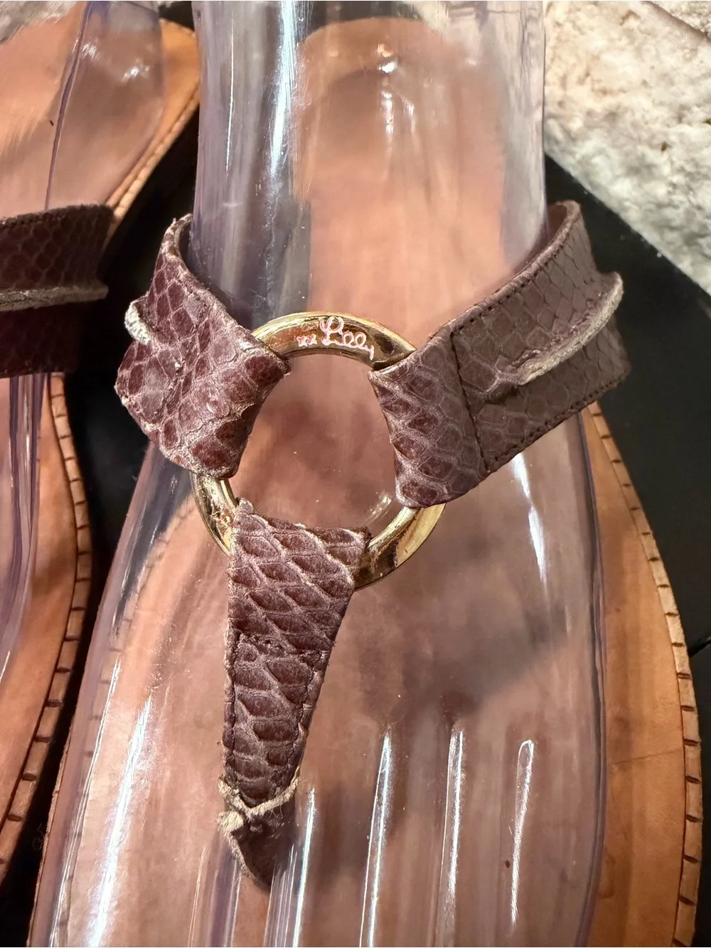 LILLY PULITZER via Palm Beach McKim Leather Thong Flat Sandals Gold O Ring 10M